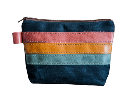 Leather Applique | Handmade Waxed Canvas Zipper Pouch | Pastel Stripe