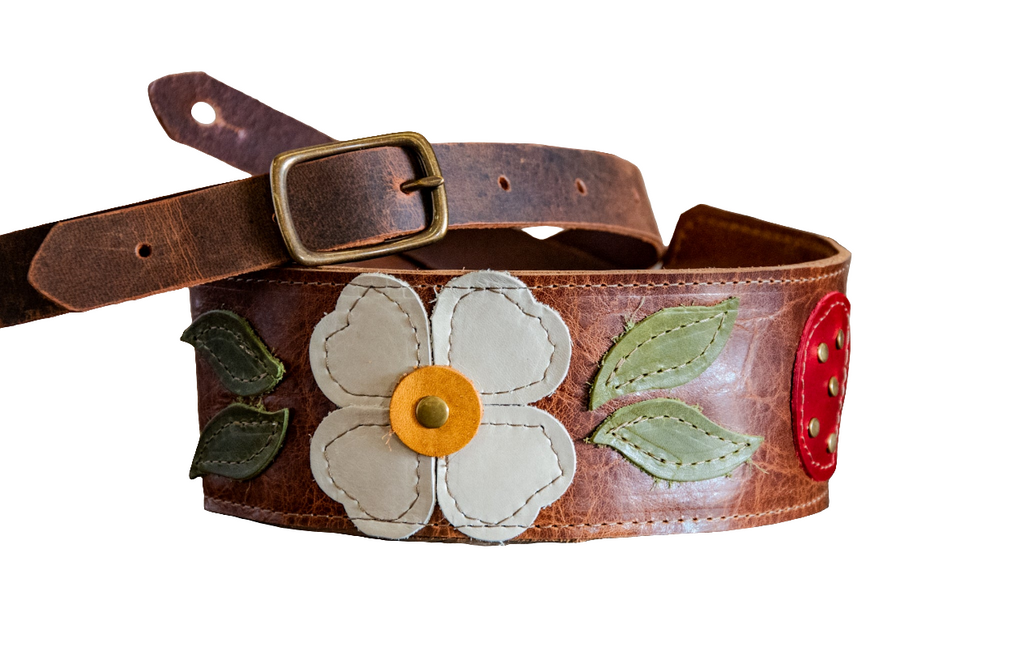 Limited Edition | Leather Guitar Strap | Handmade Banjo Strap  | Floral Folk Art Applique | Eco Friendly Leather | Bourbon