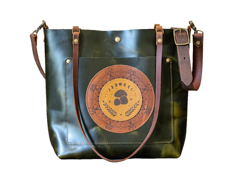 Leather Tote Bag | Crossbody Bag | MEDIUM | Jade | Mushroom Mandala