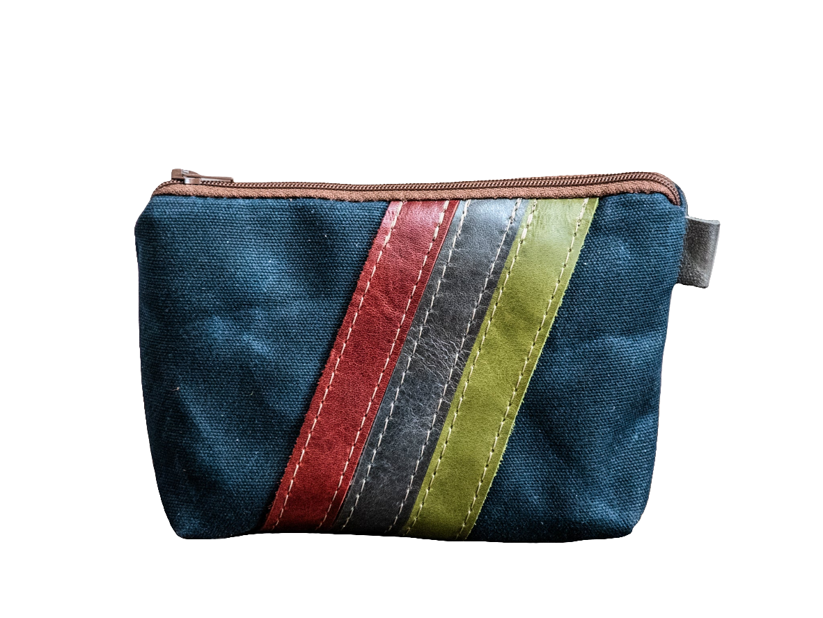 Leather Applique | Handmade Waxed Canvas Zipper Pouch | DIAGONAL STRIPES