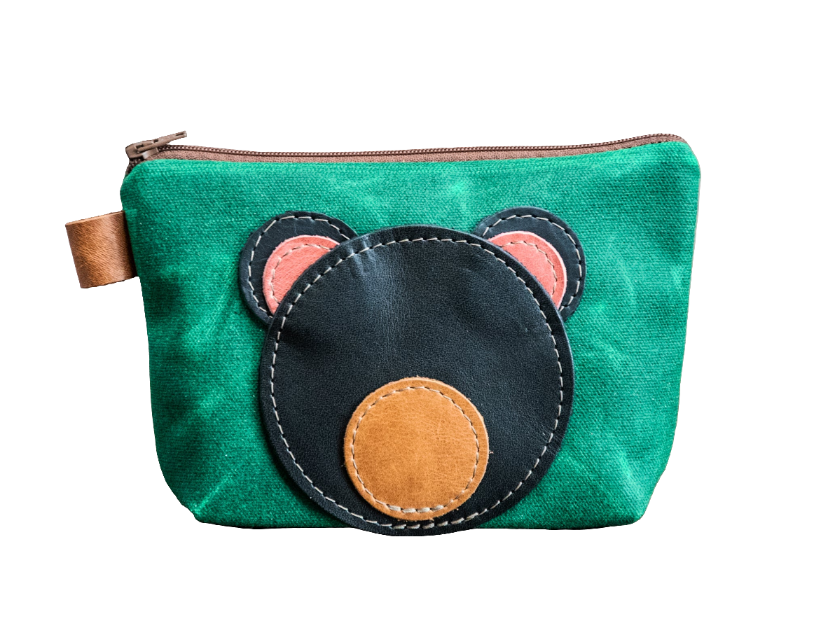 Leather Applique | Handmade Waxed Canvas Zipper Pouch | BEAR CUB | Critter Collection