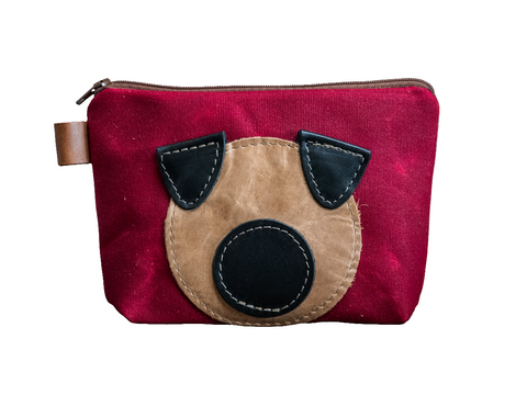 Leather Applique | Handmade Waxed Canvas Zipper Pouch | PUPPY DOG | Critter Collection