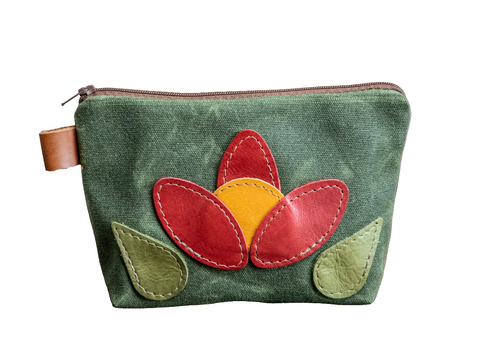 Leather Applique | Handmade Waxed Canvas Zipper Pouch | Blooming Flower