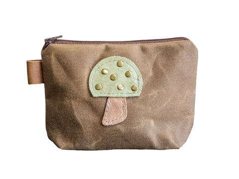 Leather Applique | Handmade Waxed Canvas Zipper Pouch | Mushroom | Multiple Colors