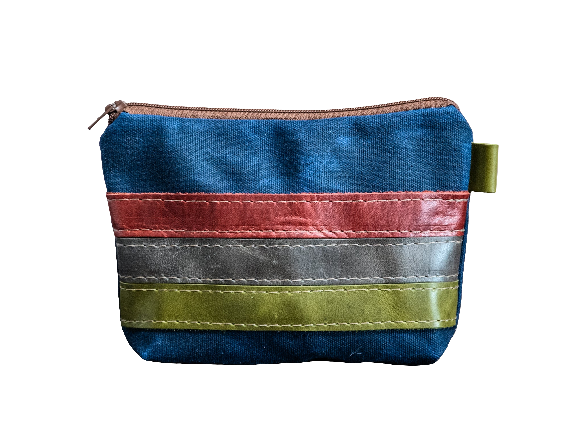 Leather Applique | Handmade Waxed Canvas Zipper Pouch | NAVY STRIPES