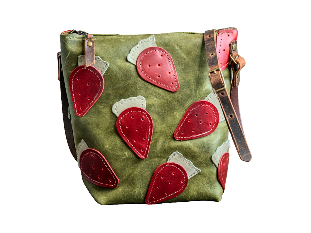 Ready to Ship | Handmade Tote Leather Bag | Small North South Tote | Strawberries and Moss