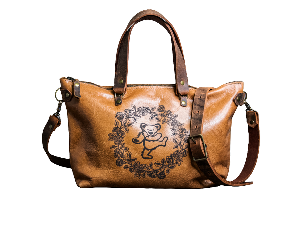 Ready to Ship | Grateful | Handmade Leather Tote Bag | Caramel Rose Ring Bowler