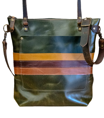 Limited Edition | Striped North South Large Tote | LINED with Zipper | Jade Green
