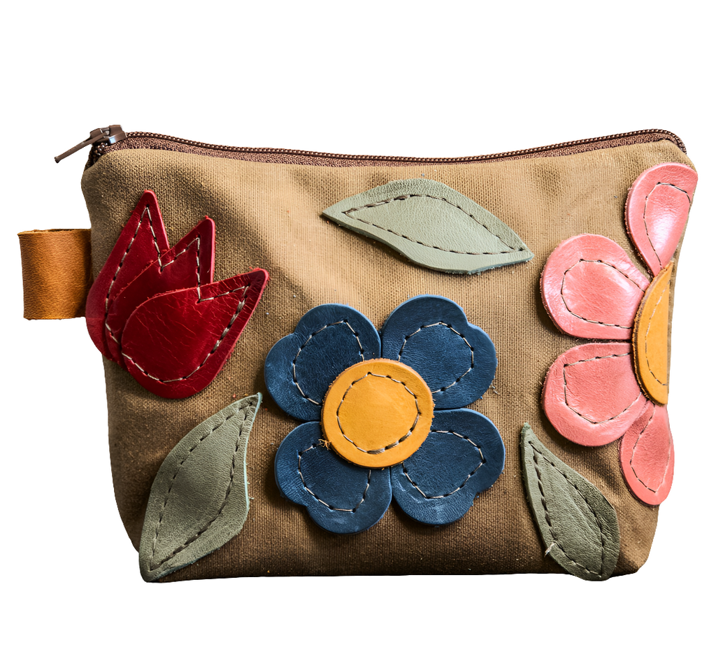 One of a kind | Leather Applique | Handmade Waxed Canvas Zipper Pouch | pecan folk floral