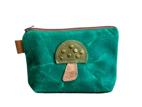 Leather Applique | Handmade Waxed Canvas Zipper Pouch | Mushroom | Multiple Colors