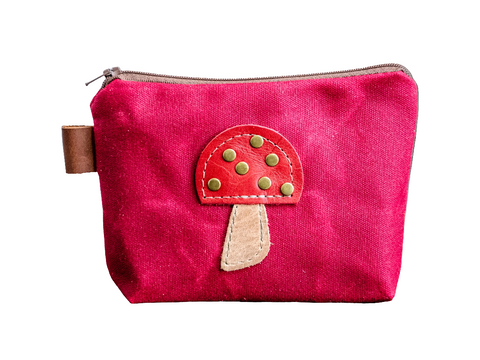 Leather Applique | Handmade Waxed Canvas Zipper Pouch | Mushroom | Multiple Colors