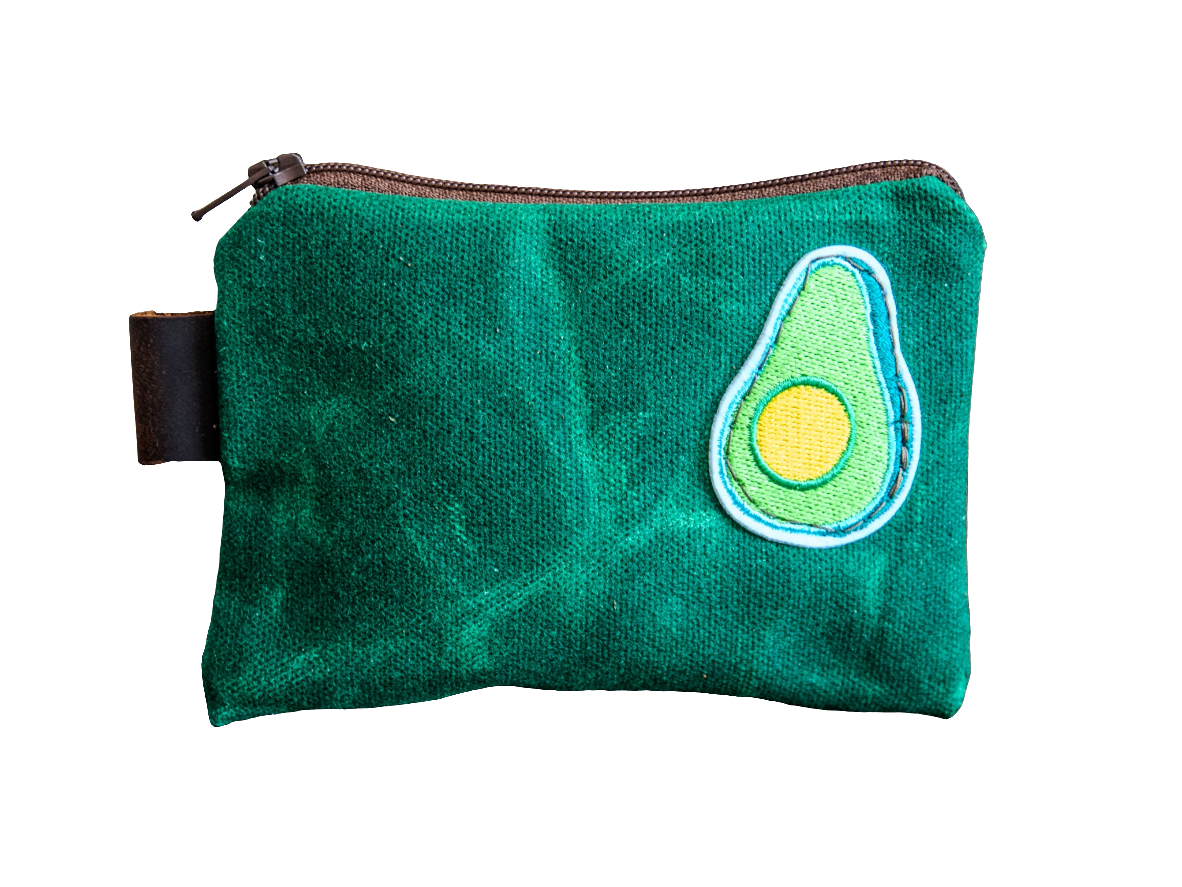 Ready to Ship | Embroidered Patch | Handmade Waxed Canvas Zipper Pouch | Avocado!