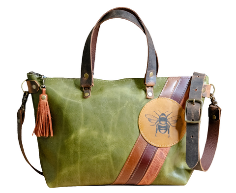 LIMITED-RUN | Handmade Leather Purse |The Striped Eco-Friendly BEE Bowler Bag | Moss Green