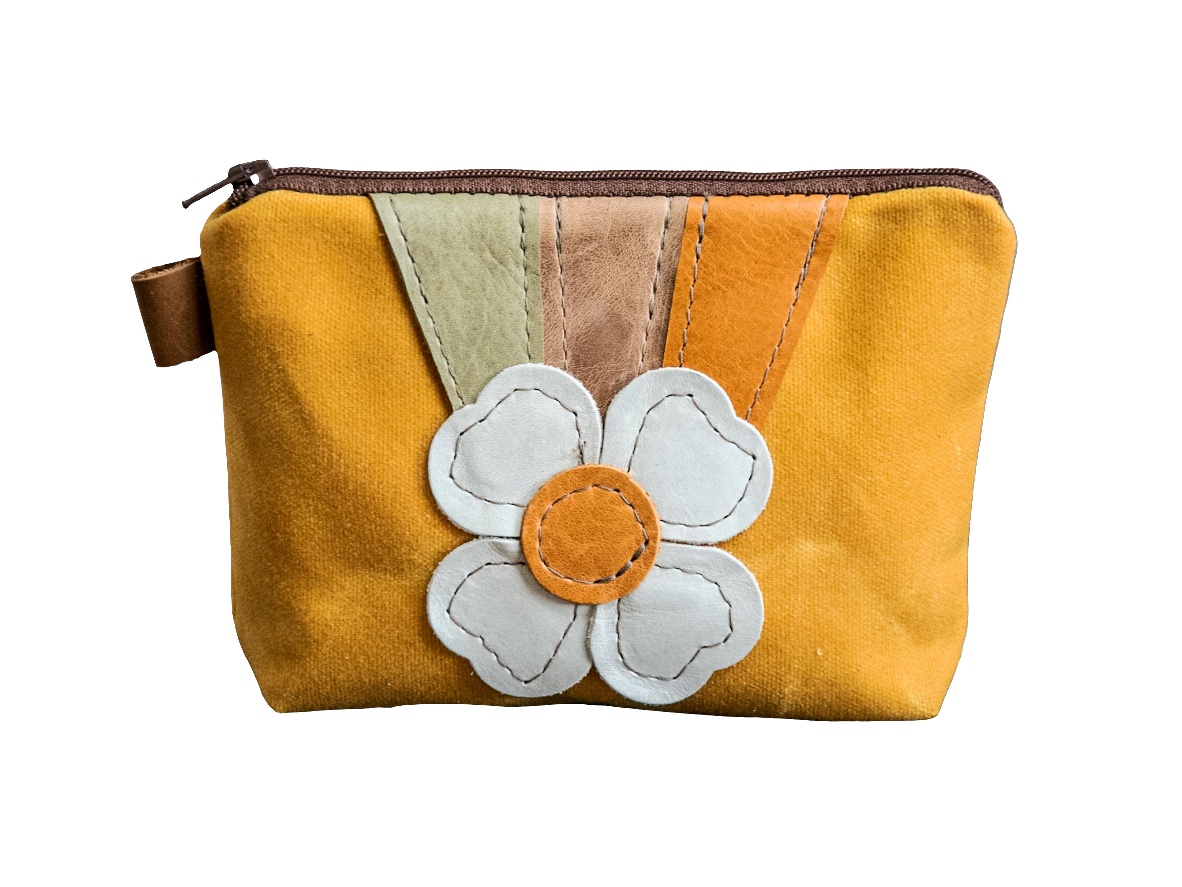 Leather Applique | Handmade Waxed Canvas Zipper Pouch | Retro Flower