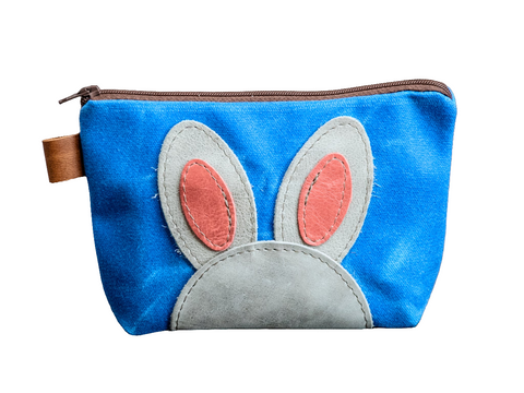 Leather Applique | Handmade Waxed Canvas Zipper Pouch | BUNNY | Critter Collection