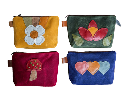 Leather Applique | Handmade Waxed Canvas Zipper Pouch | Retro Flower