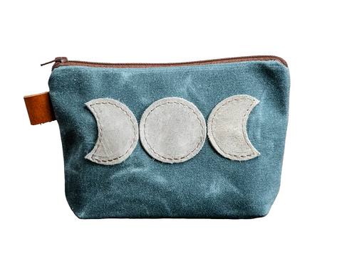 Leather Applique | Handmade Waxed Canvas Zipper Pouch | Luna