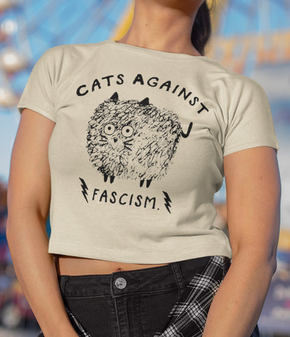 Handprinted T-shirt | Cats against fascism | Oatmeal Flowy Crop
