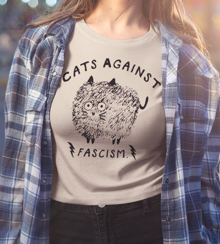 Handprinted T-shirt | Cats against fascism | Oatmeal Flowy Crop