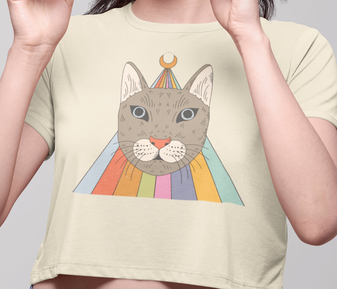 Handprinted T-shirt | The Most Magical Cat | Oatmeal Flowy Crop