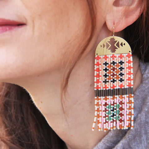 Mayana Designs Co Earrings | Hand-beaded Earrings | Beaded Handwoven Crochet Square Fringe (Sweet Escape)
