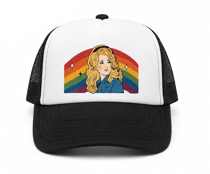 Trucker Hat | Hand Printed |  Dolly Rainbow | Black