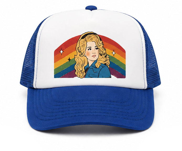 Trucker Hat | Hand Printed |  Dolly Rainbow | Blue