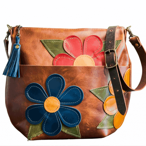 LIMITED RUN Eco-friendly Marie Leather Bag | Curved boho with Tassel | FLOWER POWER