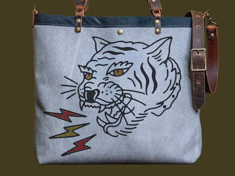 Canvas and Leather LARGE Farmer's Market Tote | Handprinted Get Em Tiger