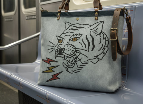 Canvas and Leather LARGE Farmer's Market Tote | Handprinted Get Em Tiger