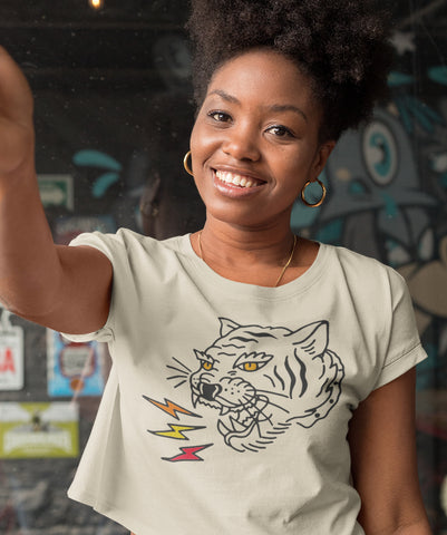 Handprinted T-shirt | Get 'Em Tiger | Oatmeal Flowy Crop