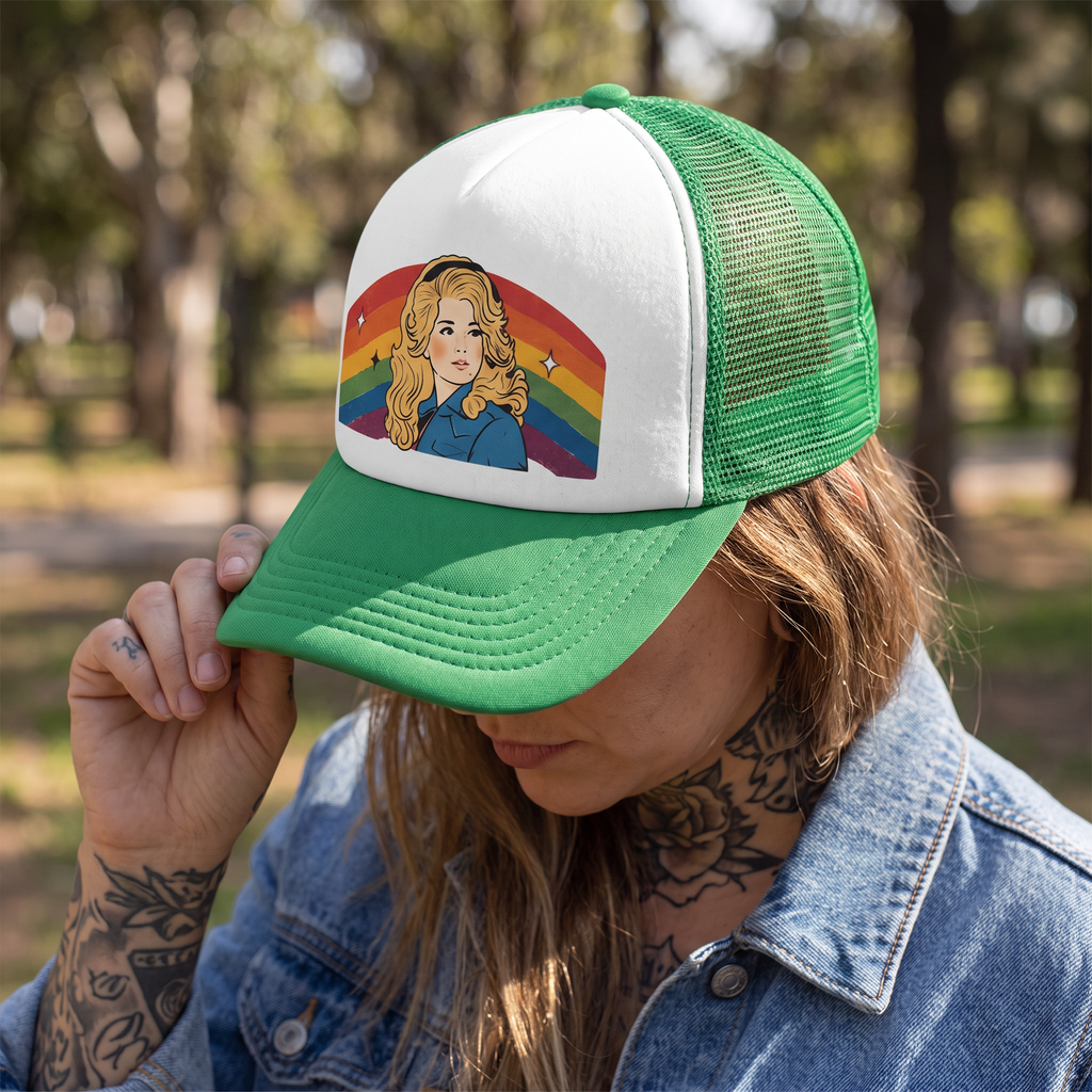 Trucker Hat | Hand Printed |  Dolly Rainbow | Green