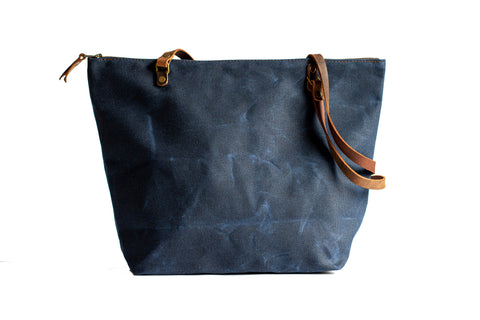  Handmade Waxed Canvas Lined Zipper Tote Small,  - In Blue Handmade