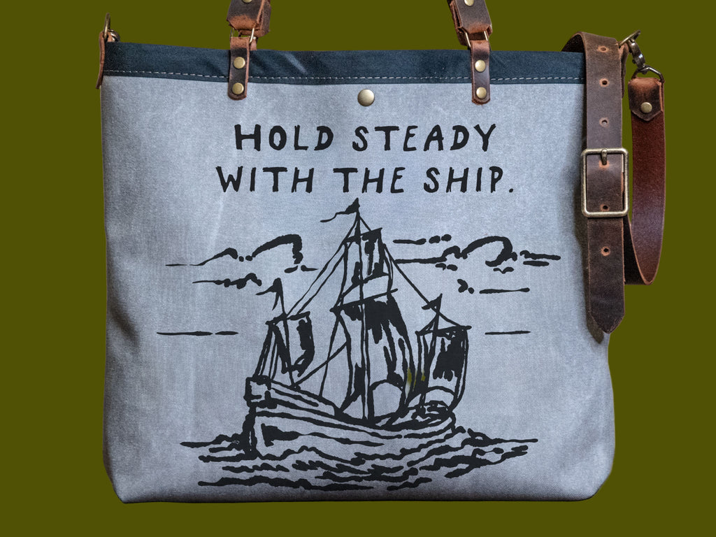 Canvas and Leather LARGE Farmer's Market Tote | Handprinted Hold Steady