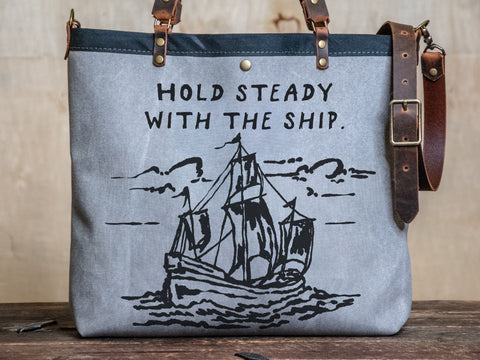 Canvas and Leather LARGE Farmer's Market Tote | Handprinted Hold Steady