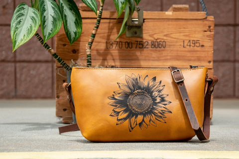 Small Leather Zipper Bag | Handmade Leather Purse |  Handmade Handbag | Crossbody Satchel | Made in USA | Laser Image | Custom