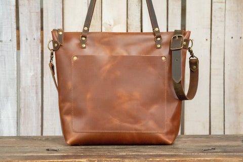 Handmade Leather Classic Tote Medium |  Printed Leather Bag |  Crossbody Zipper Option Leather Purse | In Blue Handmade
