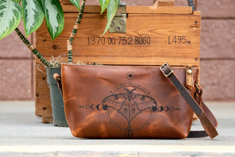 Small Leather Zipper Bag | Handmade Leather Purse |  Handmade Handbag | Crossbody Satchel | Made in USA | Laser Image | Custom