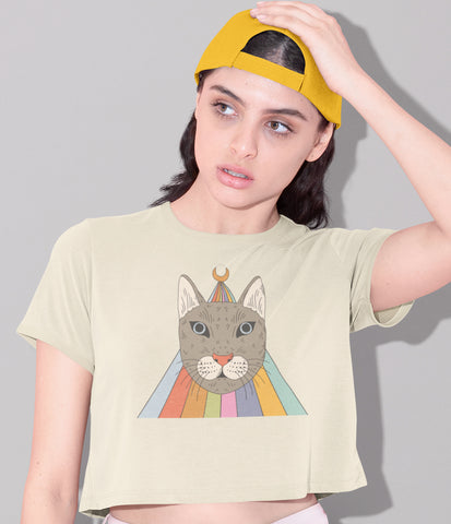 Handprinted T-shirt | The Most Magical Cat | Oatmeal Flowy Crop