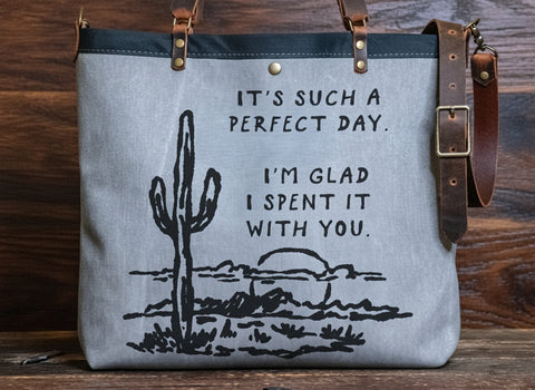Canvas and Leather LARGE Farmer's Market Tote | Handprinted Perfect Day