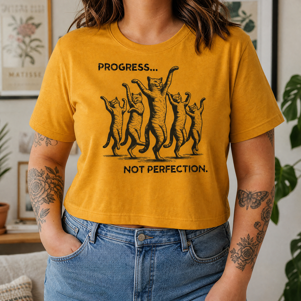 Handprinted Crop T-shirt | Progress not Perfection Cats