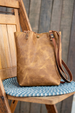 Handmade Leather Tote Bag with Zipper | North South Small