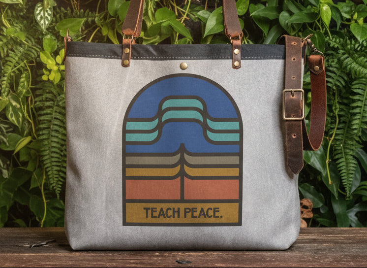 Canvas and Leather LARGE Farmer's Market Tote | Handprinted Teach Peace