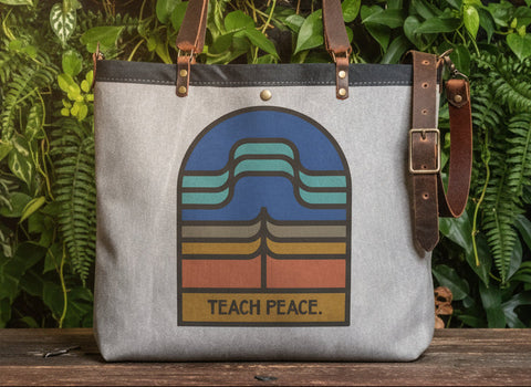 Canvas and Leather LARGE Farmer's Market Tote | Handprinted Teach Peace