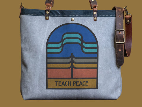 Canvas and Leather LARGE Farmer's Market Tote | Handprinted Teach Peace