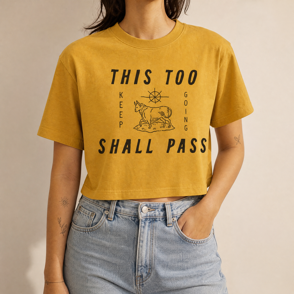 Handprinted Crop T-shirt | This Too Shall Pass Bull