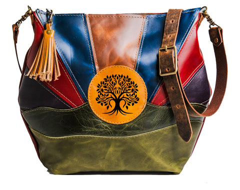 LIMITED EDITION Patchwork Printed Boho Curved Leather Tote Bag | Only a few Available | Lined with Zipper and Tassel