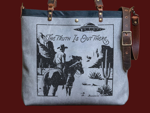 Canvas and Leather LARGE Farmer's Market Tote | Handprinted The Truth is Out There
