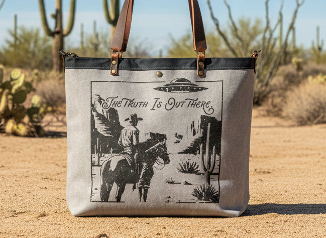 Canvas and Leather LARGE Farmer's Market Tote | Handprinted The Truth is Out There
