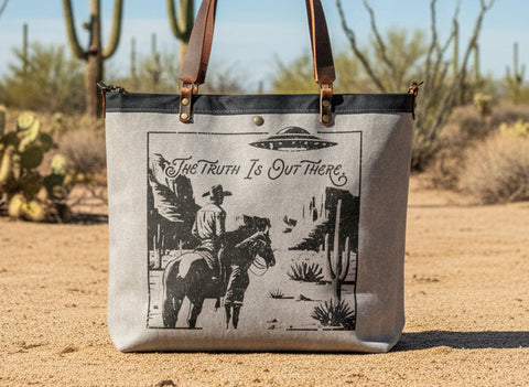 Canvas and Leather LARGE Farmer's Market Tote | Handprinted The Truth is Out There